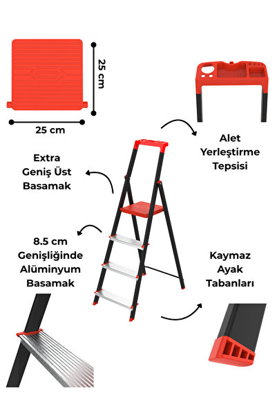 Asil 4 Basamaklı Katlanır Metal Merdiven | Üst Alet Tepsili, Kaymaz Alüminyum...