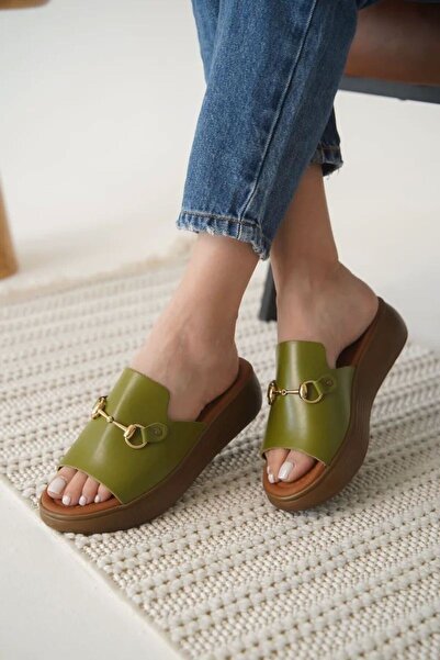 Belinora Khaki Green Genuine Leather Slippers Tr31My62G