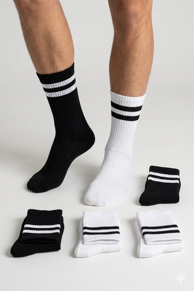 6-Pack Men's Cotton Striped College Socks Black White Striped Tennis Sports Socks Set