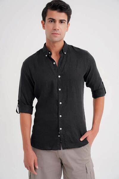 Efor Men's Comfort Fit Button Collar Foldable Sleeve 100% Linen Plain Black S...