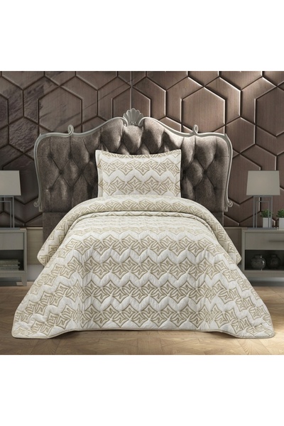 GOLDROOM Home KAYRA KADİFE ŞÖNİL KREM/ANTRASİT TEK KİŞİLİK YATAK ÖRTÜSÜ
