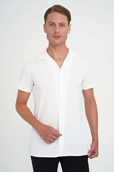 Efor Erkek Slim Fit Apaş Yaka Modal Karışımlı Kısa Kollu Beyaz Gömlek G 1590