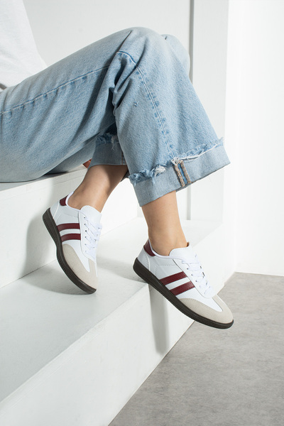 eformoda by emre yılmaz Beyaz Bordo Unisex Kadın Erkek Şeritli Rahat Taban Günlük Sneaker Spor Ayakkabı Sm03