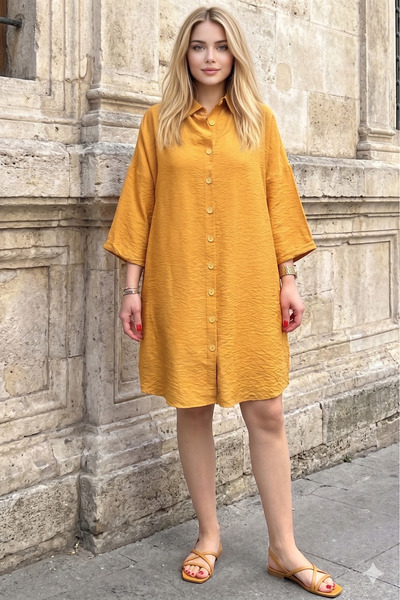 Yıldızistan Γυναικείο μουσταρδί μίντι φόρεμα με μανίκια που διπλώνουν το μισό...