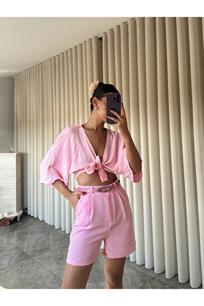 mydukkan.co Keten Tek Pile Kemerli Şort - Pembe