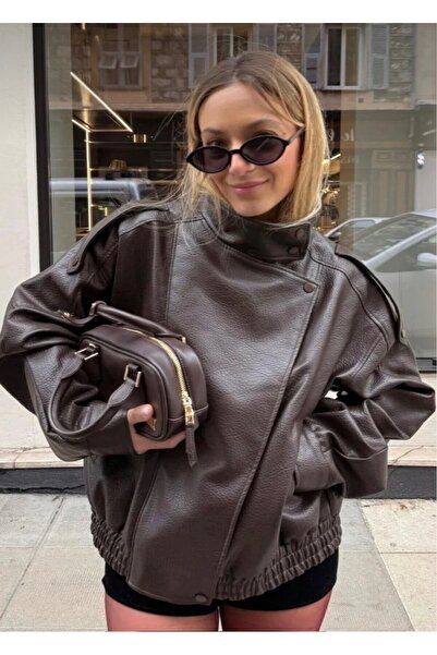 Ekim Store Δερμάτινο μπουφάν μπόμπερ με όρθιο γιακά σε μεγάλο μέγεθος