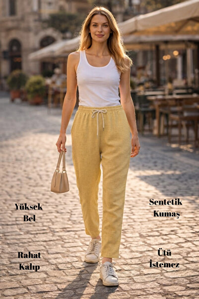 CEDY DENIM Γυναικείο καλοκαιρινό συνθετικό λινό ψηλόμεσο ελαστικό στενό παντε...