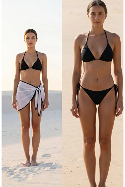 R ROCKBLACK Γυναικείο Σετ μπικίνι 3 τεμαχίων σε μαύρο και λευκό χρώμα Pareo μ...