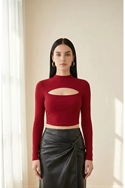 R ROCKBLACK Bluză crop top de damă, bordeaux, cu mânecă lungă și decolteu la ...