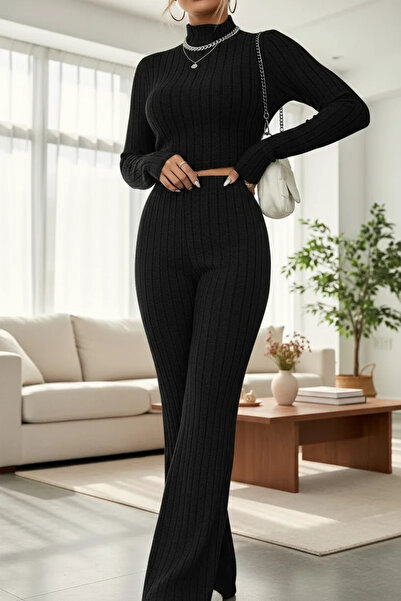 azrlyaonline Women's Black High Neck Crop Top and High Waist Sweatpants Set S...