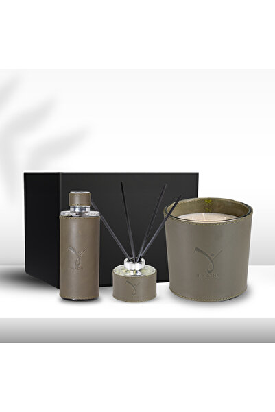 Deri Soul Haki Yeşili Mum 1000gr & Kolonya 250ml & Diffuser 150ml Hediye Seti