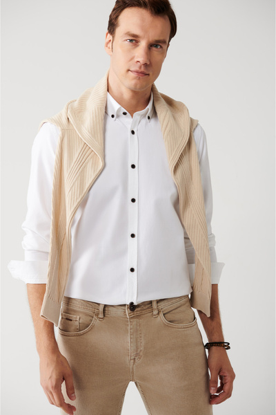 Avva Men's White 100% Cotton Buttoned Collar Shirt A32Y2120