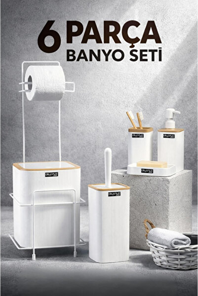 Okyanus Home Λευκό τετράγωνο Mina Due Stand Χαρτοθήκη WC και Σετ Μπάνιου 6 τε...