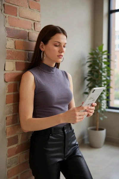 R ROCKBLACK Γυναικεία ανθρακί γκρι αμάνικη μπλούζα με λαιμόκοψη βασική