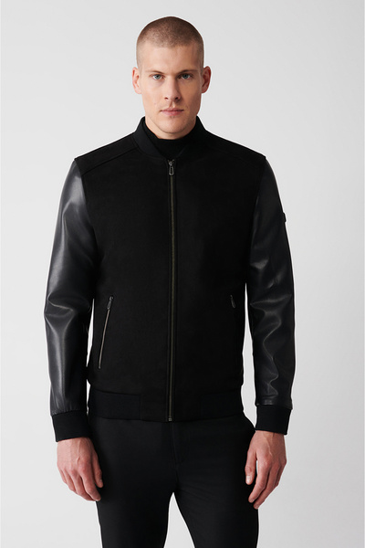 Avva Ανδρικό μαύρο Bomber γιακά με ραβδώσεις Suede-δερμάτινο παλτό εμφάνισης ...