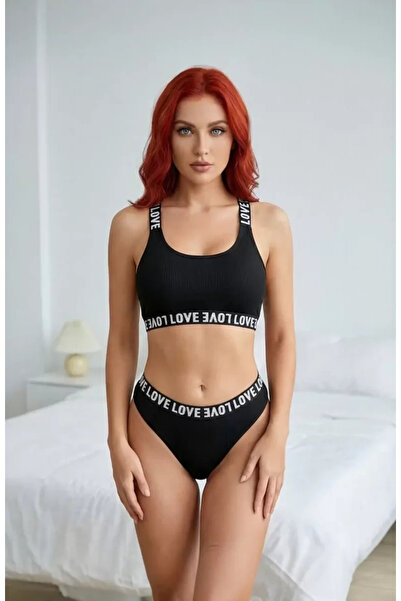 R ROCKBLACK Women's Black Cross Back and Love Rubber Detailed Bra Panties Set