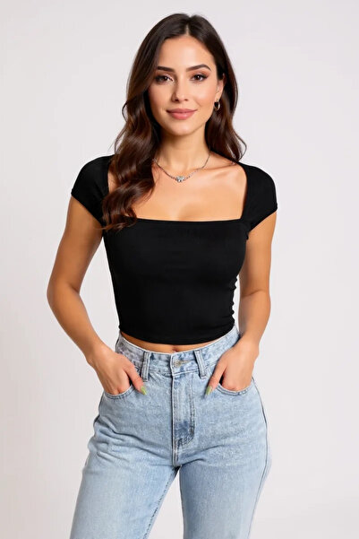 R ROCKBLACK Kadın Siyah Kare Yaka Yarım Kol Göğüs Dekolteli Crop Top Bluz