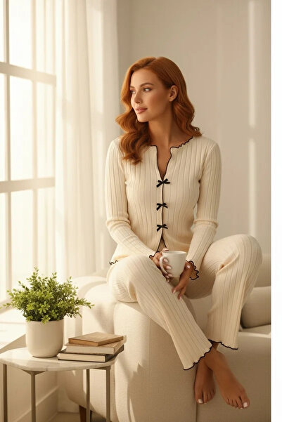 R ROCKBLACK Set de pijamale elegante Ecru material reiat pentru femei – Set d...