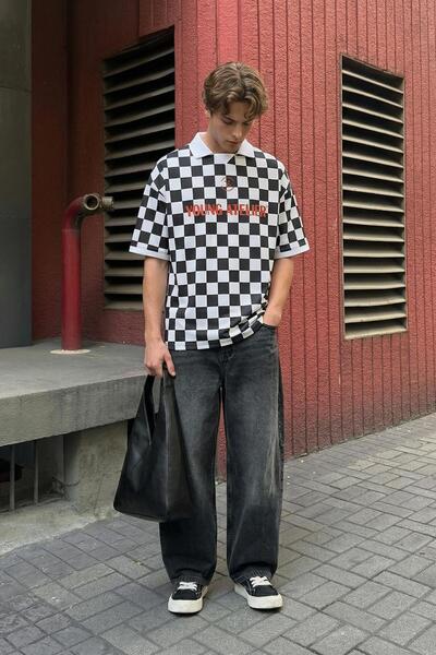 VAMOSCLO Oversize Polo Yaka Forma Tişört SİYAH/BEYAZ