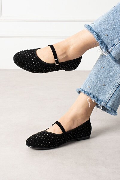 FUGA MODA Μπαλαρίνες Margot με μαύρο σουέντ, κεντημένες με πέτρες, με ζώνη κα...