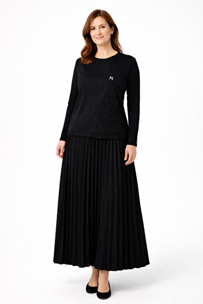 Mutlu City Γυναικείο Σετ Μπλούζας και Πλισέ Φούστας με Απλό Κέντημα Πέτρας γι...