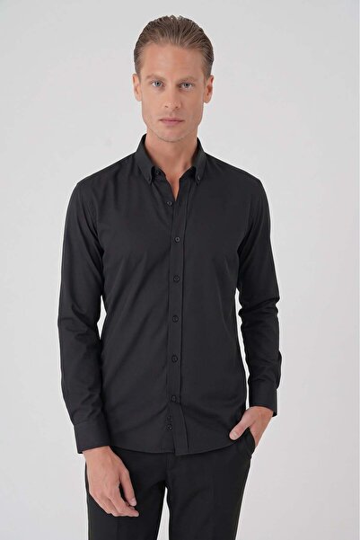 Efor Erkek Slim Fit Düğmeli Yaka Esnek Pamuklu Klasik Siyah Gömlek Gk 727