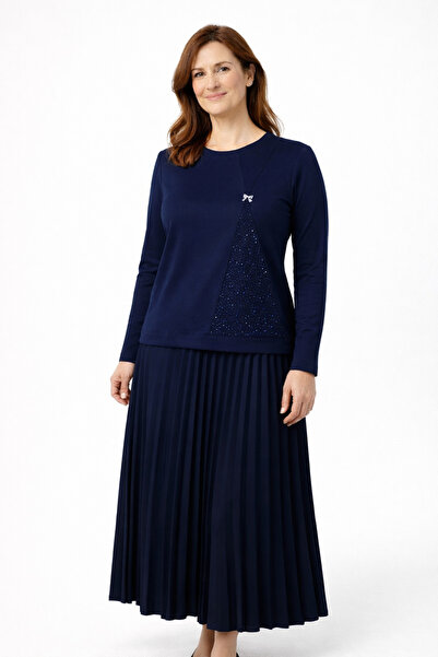 Mutlu City Γυναικείο Σετ Μπλούζας και Πλισέ Φούστας με Απλό Κέντημα Πέτρας γι...