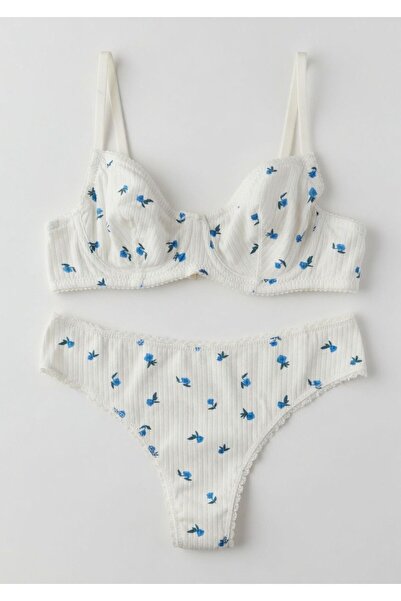 dem merys Μίνι μπλε Σετ σουτιέν με μοτίβο λουλουδιών Underwire βαμβακερό χτεν...