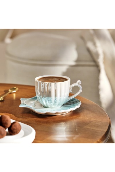 Emsan İstiridye 2 Kişilik Porselen Kahve Fincanı Takımı Mavi