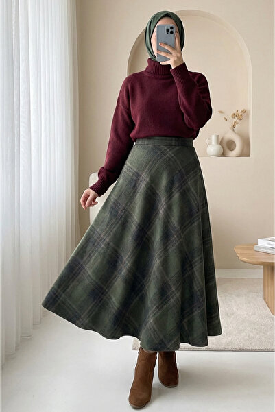 Modamorfo Καρό φούστα με φερμουάρ στο πλάι και καμπάνα στην πλάτη -χακί