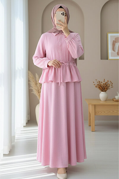 Modamorfo Σετ φούστας με βολάν, κουμπιά και κορδόνια στη μέση - ροζ