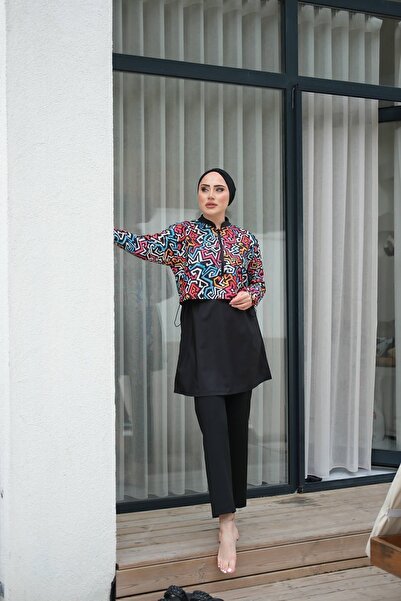 lurex moda Yarım Dijital Baskılı Tesettür Mayo