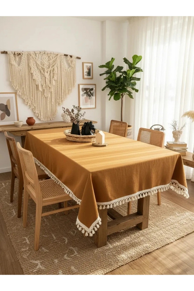 NDC HOME Τραπεζομάντηλο Πλακάκι Κανέλα Χρώμα Λινό Ακατέργαστο Πομπόν