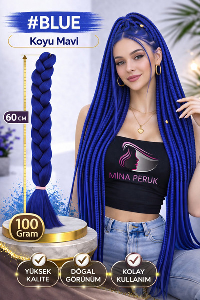 Mina Peruk Sentetik Örgülük Saç  100 Gr. Koyu Mavi