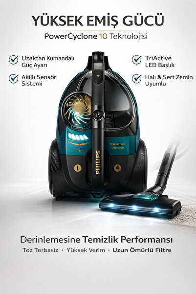 Philips Yüksek Emiş Güçlü Torbasız Elektrikli Süpürge Led Başlıklı 900 Watt G...