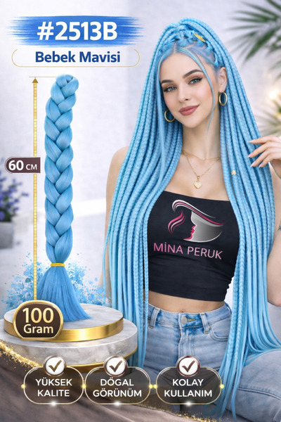 Mina Peruk Sentetik Örgülük Saç 100 gr. - Bebek Mavisi