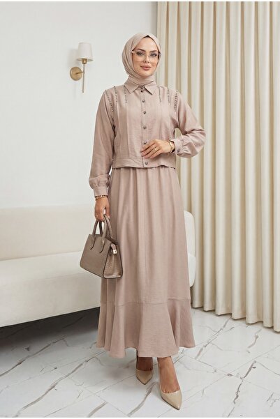 Modamorfo Σετ λινό με σακάκι με κουμπιά και φούστα με πέτρες στους ώμους - βιζόν