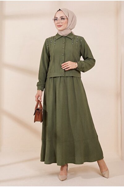 Modamorfo Σετ λινό με σακάκι με κουμπιά και φούστα με πέτρες στους ώμους -χακί