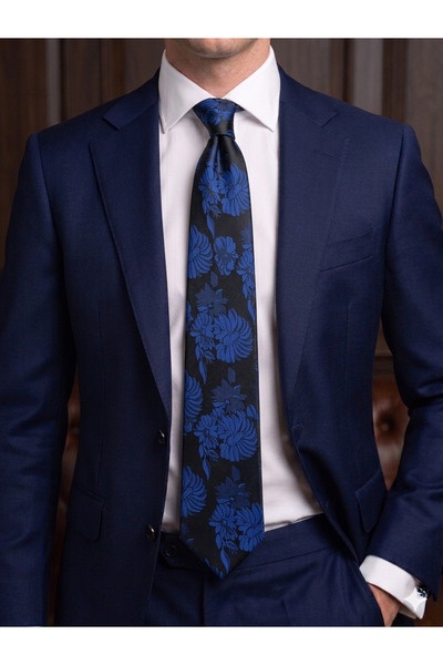 Gutiero Κλασική γραβάτα με μαύρο μπλε μοτίβο και μαντήλι