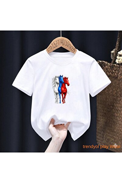 playwear Λευκό Μπλε Κόκκινο Άλογο με στάμπα 100% παιδικό unisex μπλουζάκι 5 6...