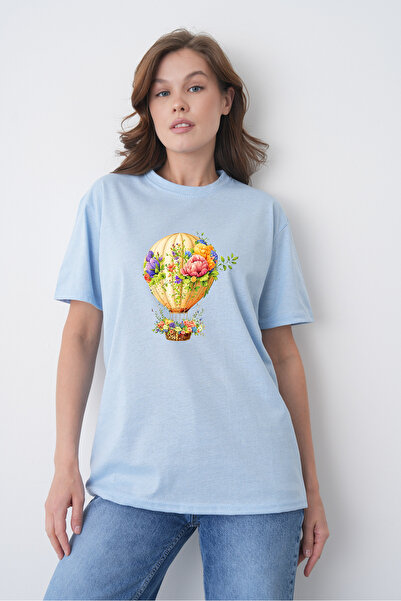 TREND EMMODA Tricou albastru cu decolteu rotund, cu imprimeu cu baloane zbură...