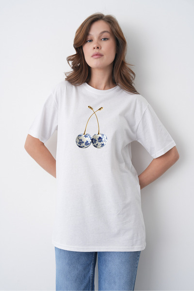 TREND EMMODA Tricou alb pentru femei, cu gât rotund, cu imprimeu de cireșe, d...