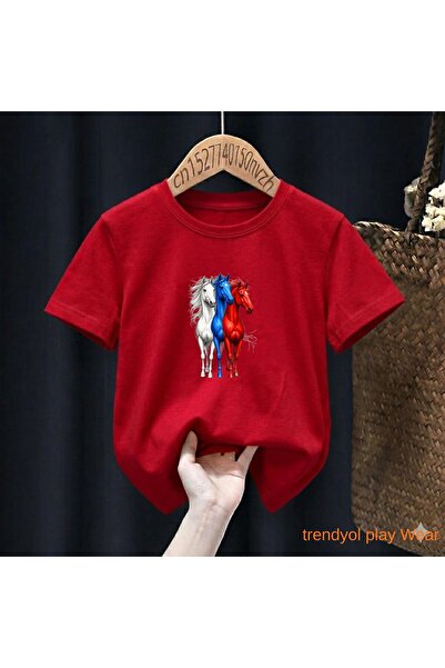 playwear Λευκό Μπλε Κόκκινο Άλογο με στάμπα 100% παιδικό unisex μπλουζάκι 5 6...