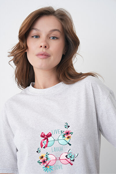 TREND EMMODA Tricou gri cu gât rotund, cu imprimeu floral, în stil de vară pe...