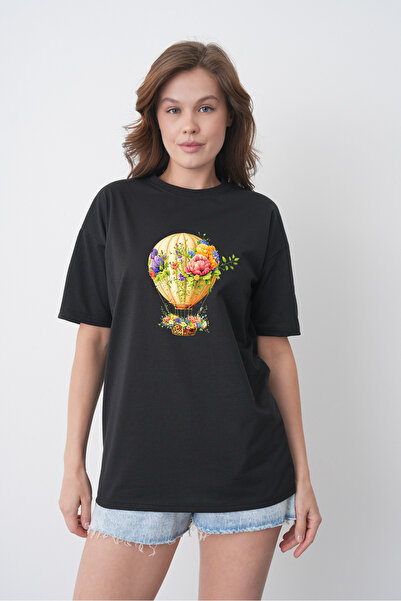 TREND EMMODA Tricou negru cu decolteu rotund, cu imprimeu cu baloane zburătoa...