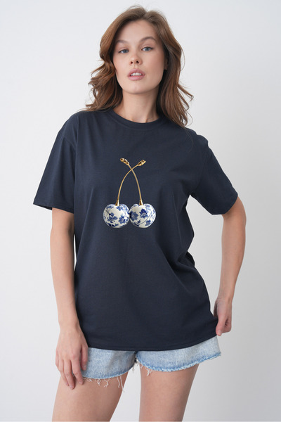TREND EMMODA Tricou de damă, albastru și alb, cu imprimeu ceramic, cu imprime...