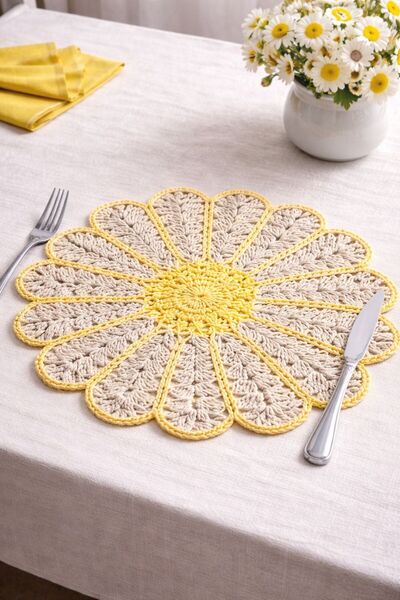 livadesign7 6-Piece Hand Knitted Daisy Placemat – Decorative Tablecloth & Presentation Mat & Bohemian Style