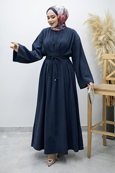 Tesettür Dünyası Φόρεμα με διπλό δέσιμο και τσιμπίδες TSD260185 Ναυτικό μπλε