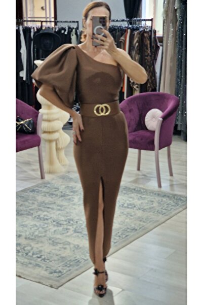 OEM Καφέ Μονόωμο Μάξι Φόρεμα με Μπροστινό Σκίσιμο – Φουσκωτό Μανίκι & Με Ζώνη...