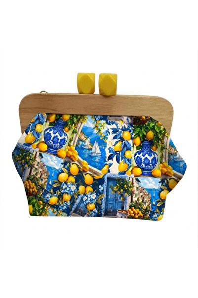 handedizayn Limon Bahçesi Ahşap Burslu Zincir Askılı Clutch Omuz Çantası